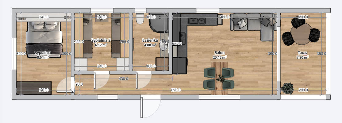 Domek Mobilny PEGASUS 4.5 m x 14m - Wariant T - Plan z wymiarami